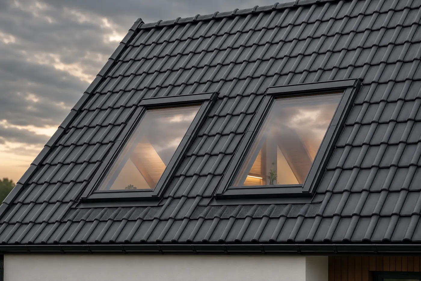 Dwa okna dachowe zamontowane w grafitowym dachu